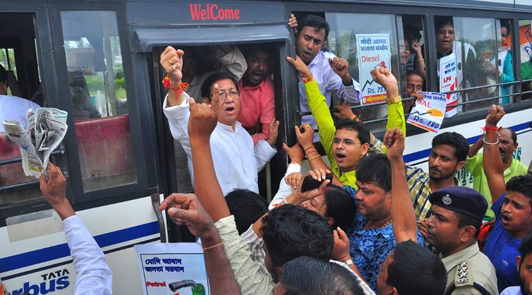 Tripura Pradesh Congress president Birajit Sinha protests in front of the state secretariat.